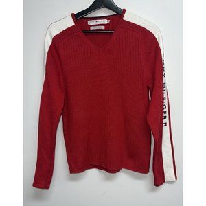 Vintage Y2K Tommy Hilfiger Womens Ribbed Knit Sweater Size XL Red White V-neck